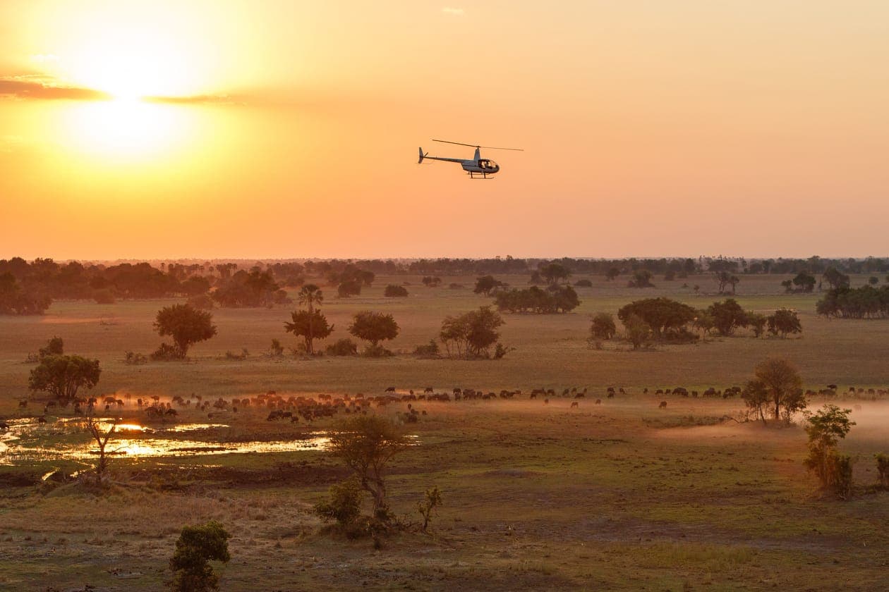 A helicopter over the Okavango at sunset, between delta and desert camps