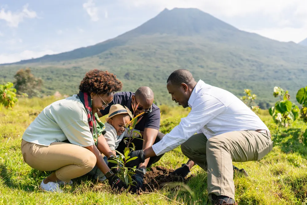 A family planting a tree together